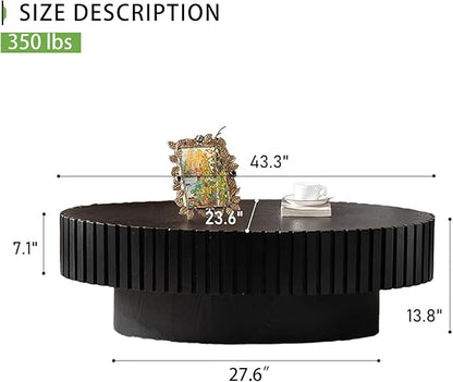 Handmade Oval Grooved Drum-Shaped Coffee Table、Rustic Modern Circular Centerpiece for Living Room & Farmhouse Decor、Easy to Clean (C Black 43in)