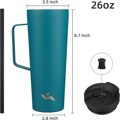 Insulated Tumbler with Handle and Straw, 26 OZ Travel Coffee Mug Stainless Steel Cup Metal Water Bottle,Blue