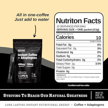 STRONG COFFEE COMPANY, ORGANIC INSTANT BLACK COFFEE – Individual Servings, Extreme Focus, Adaptogen with L-Theanine & Ashwagandha, No Jitters, No Crash (10 Packets)