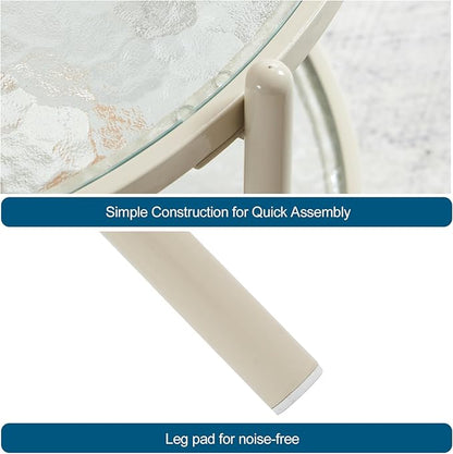 VINGLI 25.6" Small Cream White Round Coffee Table Water-Wave Glass Circle Clear Coffee Table, Center Table with 2-Tier Modern Storage Design for Living Room, Bedroom, Meeting Room, Balcony, Beige