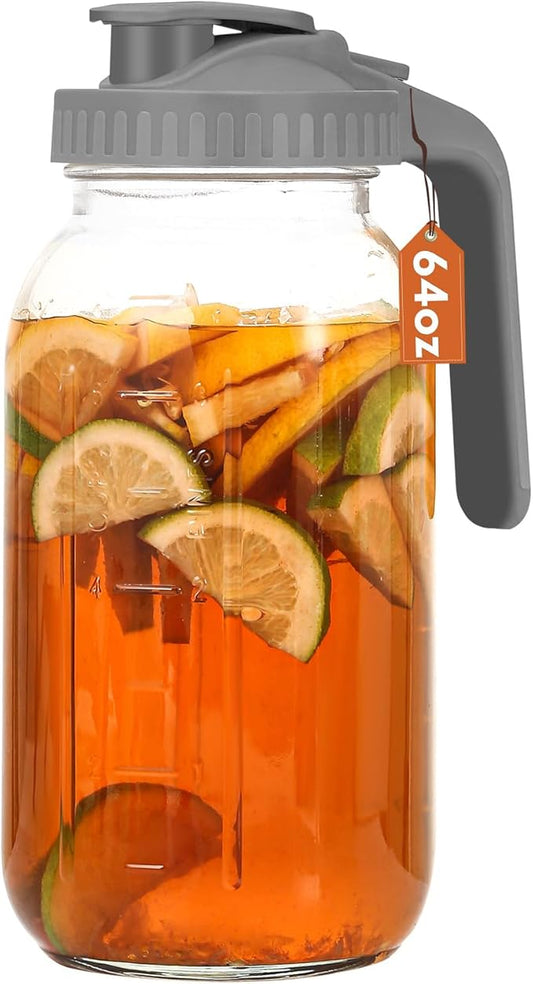 Glass Pitcher with Lid, 64 OZ Mason Jar Pitcher Double Leak Proof, 2 Quart Breast Milk Storage Containers for Fridge, Wide Mouth Glass Jar for Sun Tea, Juice, Cold Brew Coffee