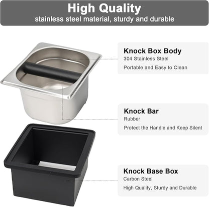Espresso Knock Box, Coffee Knock Box for Espresso Grounds Disposal, Large Capacity, Equipped with Noise, Reduction Rubber Ring & Steel Holder, Ideal Tool for Espresso Machines, Black (Small)