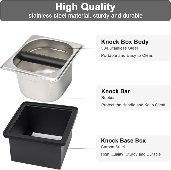 Espresso Knock Box, Coffee Knock Box for Espresso Grounds Disposal, Large Capacity, Equipped with Noise, Reduction Rubber Ring & Steel Holder, Ideal Tool for Espresso Machines, Black (Small)