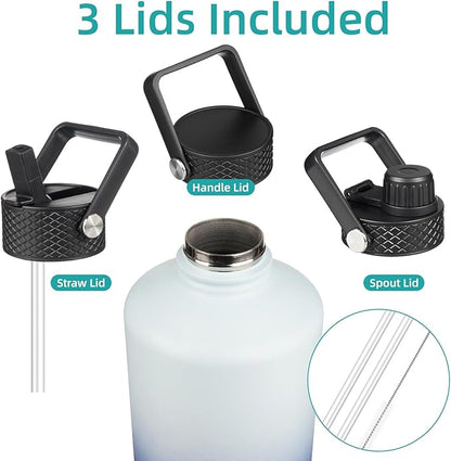 Gallon Insulated Water Bottle with Straw,128 oz 3 Lids Water Jug with Carrying Bag,Paracord Handle, Double Wall Vacuum Stainless Steel Metal Flask,Sky