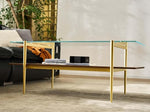 Load image into Gallery viewer, AGV LIGHTING Tadio Glass Coffee Table, Mid-Century Modern Coffee Table for Living Room, Gold Finish Leg, Clear Glass Top &amp; Walnut Brown Wood Shelf, 41 in Length