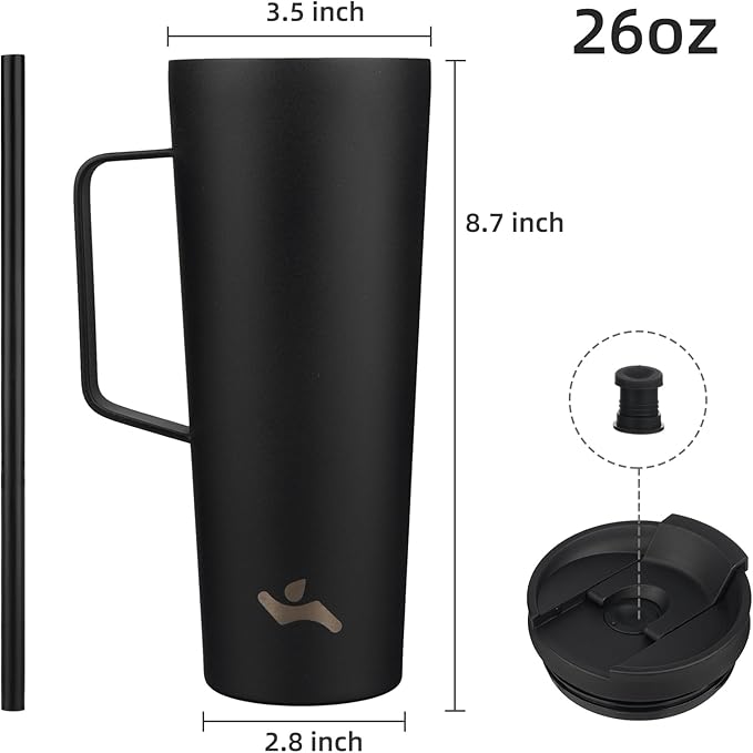Insulated Tumbler with Handle and Straw, 26 OZ Travel Coffee Mug Stainless Steel Cup Metal Water Bottle,Black