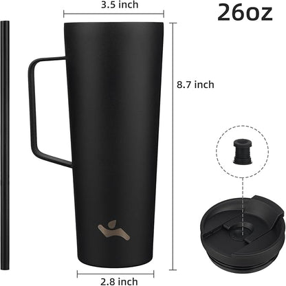 Insulated Tumbler with Handle and Straw, 26 OZ Travel Coffee Mug Stainless Steel Cup Metal Water Bottle,Black