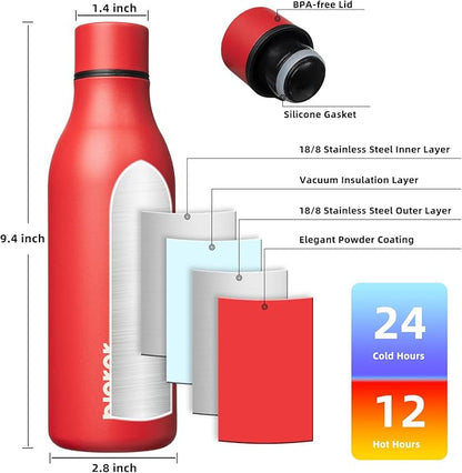 BJPKPK Insulated Water Bottles, 18 oz Stainless Steel Metal Water Bottle with Strap, BPA Free Leak Proof Jugs, Mugs, Flasks, Reusable Thermal Flasks for Sports & Travel, Red