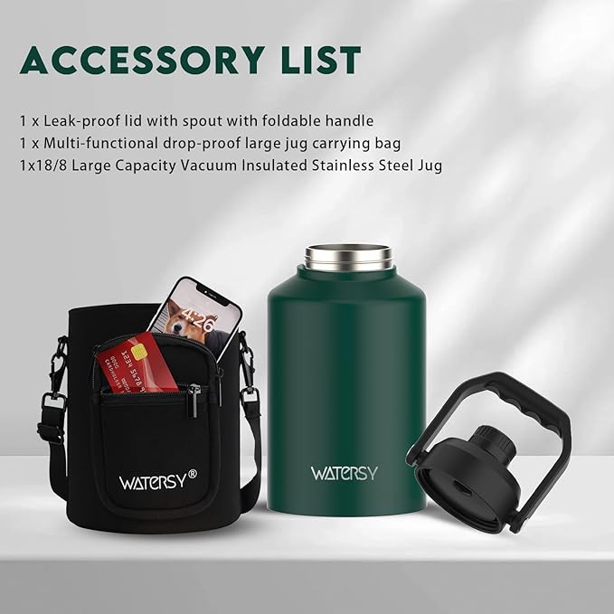 1 Gallon Water Bottle Insulated(Cold for 48 Hrs),BPA Free&Leak Proof,128oz Stainless Steel Water Jug,Big thermo,Large Water Bottle with Handle for Gym,Hiking,Camping&Travel,Dark Green