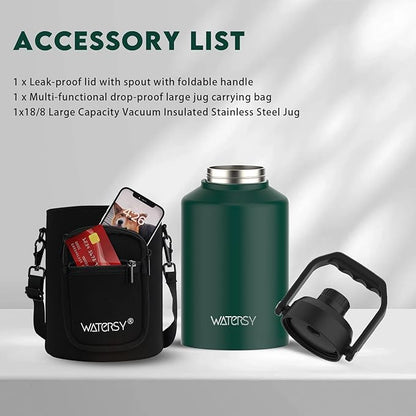 1 Gallon Water Bottle Insulated(Cold for 48 Hrs),BPA Free&Leak Proof,128oz Stainless Steel Water Jug,Big thermo,Large Water Bottle with Handle for Gym,Hiking,Camping&Travel,Dark Green