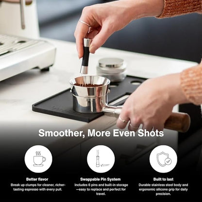 Crema Coffee Products Weiss Distribution Technique (WDT) Tool | Even Coffee Ground Distribution for Better Extraction | Stainless Steel with Silicone Grip | Includes 6 Pins & Storage Vault | Black