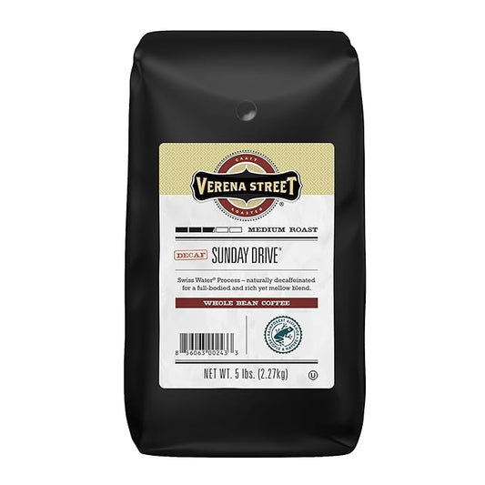 Verena Street 5 Pound Whole Bean, Swiss Water Process Decaf Beans, Sunday Drive Decaffeinated, Medium Roast Rainforest Alliance Certified Arabica Coffee