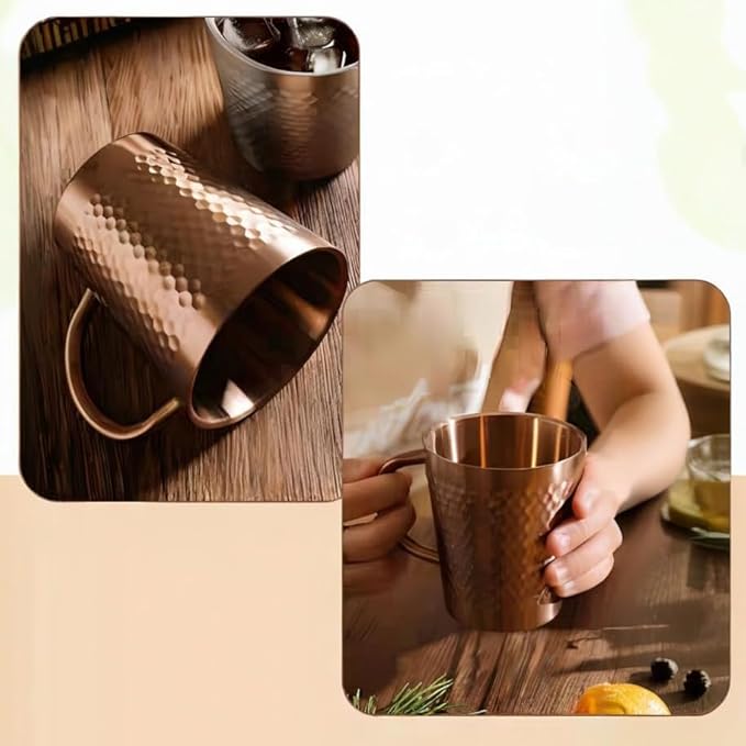 YJX 10oz Coffee Mugs Set of 4, Hammered 304 Stainless Steel Double Mug for Gifts, Lightweight Copper Teacups with Handle, Cups for Tea, Cold Drinks, Beer, Wine, Bars, Parties(300ml)