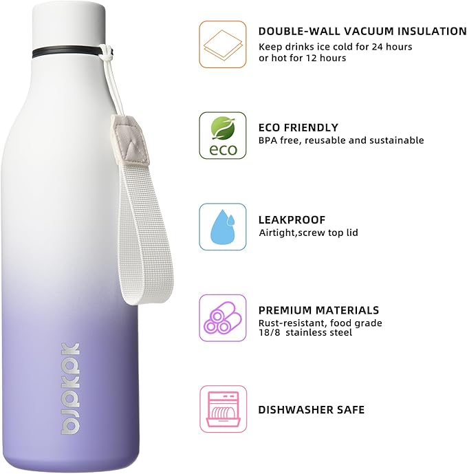 BJPKPK Insulated Water Bottles, 25 oz Stainless Steel Metal Water Bottle with Strap, BPA Free Leak Proof Jugs, Mugs, Flasks, Reusable Thermal Flasks for Sports & Travel, Lilac Elegance