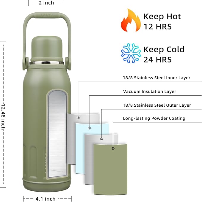 BJPKPK Insulated 50oz Thermal Water Bottle with Lid and Carry Handle Insulated Stainless Steel Water Bottles for Outdoor Sports,Army Green
