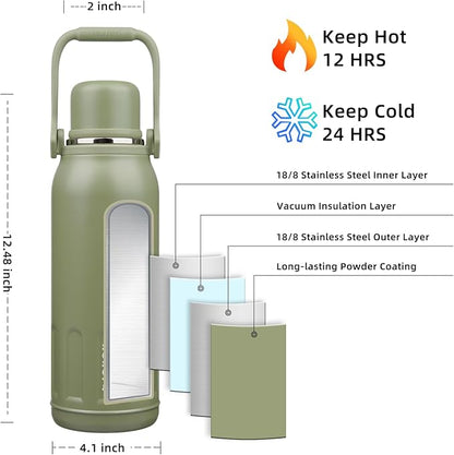 BJPKPK Insulated 50oz Thermal Water Bottle with Lid and Carry Handle Insulated Stainless Steel Water Bottles for Outdoor Sports,Army Green