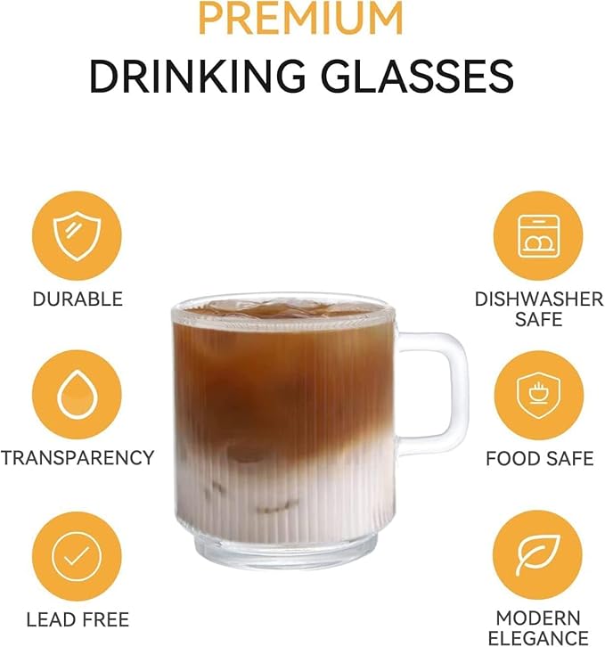 D.M DESIGN·MASTER [6 PACK, 12 OZ - Premium Glass Coffee Mugs with Handle. Transparent Tea Glasses for Hot/Cold Beverages, Perfect Design for Americano, Cappuccino, Tea and Beverage.