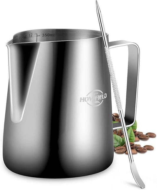 12oz Milk Frothing Pitcher, Stainless Steel Frother Cup with Scale & Latte Art Pen, Barista Milk Frother Cup for Latte, Cappuccino, Coffee Drinks