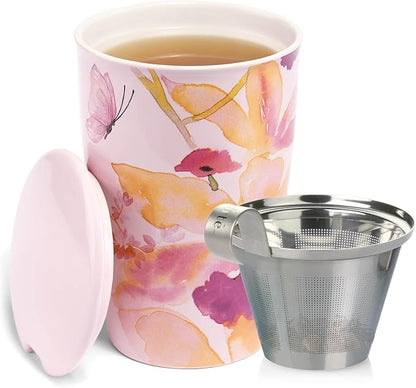 Tea Forte Mariposa Double-Walled Ceramic Kati Cup with Removable Stainless Steel Infuser Basket and Lid, Steeps 12 oz Loose Leaf Tea, Lid and Cup Dishwasher & Microwave Safe