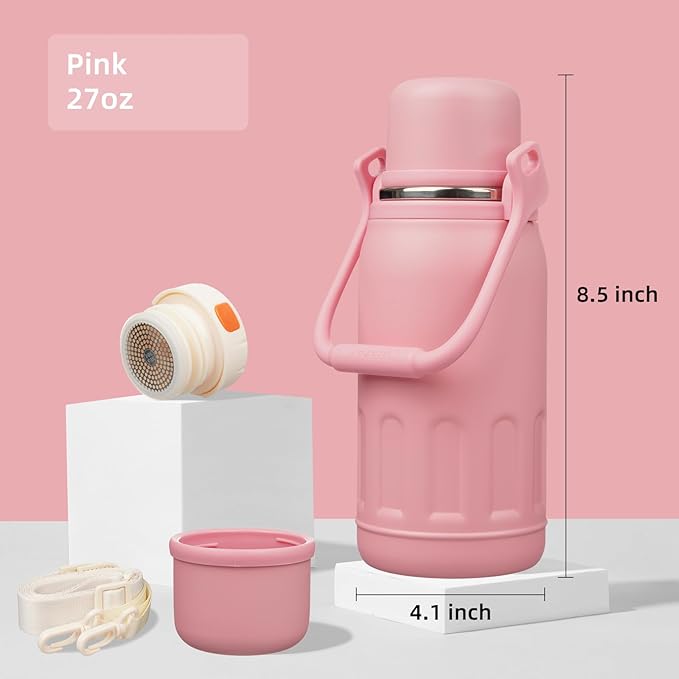 Insulated Water Bottle with Handle and Strap,Vacuum Travel Tumbler with Cup Lid,Thermo Coffee Cup for Hot Cold Drinks 27 OZ,Pink