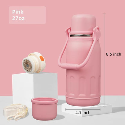 Insulated Water Bottle with Handle and Strap,Vacuum Travel Tumbler with Cup Lid,Thermo Coffee Cup for Hot Cold Drinks 27 OZ,Pink
