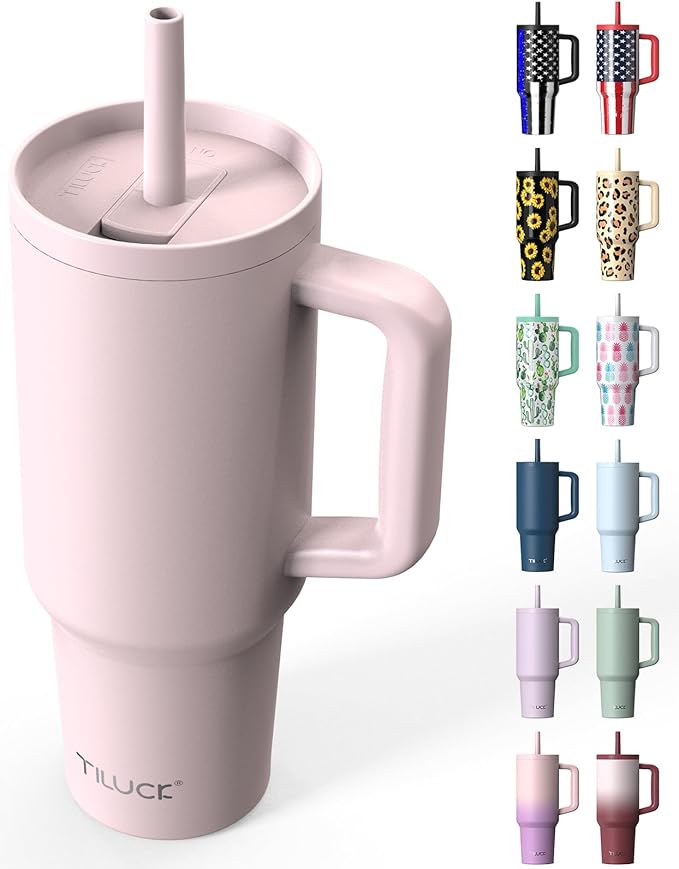 TILUCK 40 oz Tumbler with Handle, Vacuum Insulated Stainless Steel Travel Mug with 100% Leak-Proof Silicone Straw Lid, Cupholder Friendly Water Bottle(LightPink, 40oz)