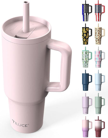 TILUCK 40 oz Tumbler with Handle, Vacuum Insulated Stainless Steel Travel Mug with 100% Leak-Proof Silicone Straw Lid, Cupholder Friendly Water Bottle(LightPink, 40oz)