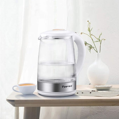 Topwit Electric Kettle Glass Electric Tea Kettle, 2L BPA-Free Hot Water kettle, Stainless Steel Inner Lid and Bottom Water Warmer, Fast Heating with Auto Shut-Off and Boil Dry Protection, White
