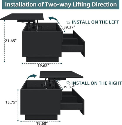 LED Coffee Table with Lift Top Morden Coffee Table with Storage High Gloss Black Sofa Table for Living Room Center Tables Hidden Compartment & 2 Drawers