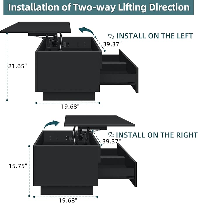 LED Coffee Table with Lift Top Morden Coffee Table with Storage High Gloss Black Sofa Table for Living Room Center Tables Hidden Compartment & 2 Drawers