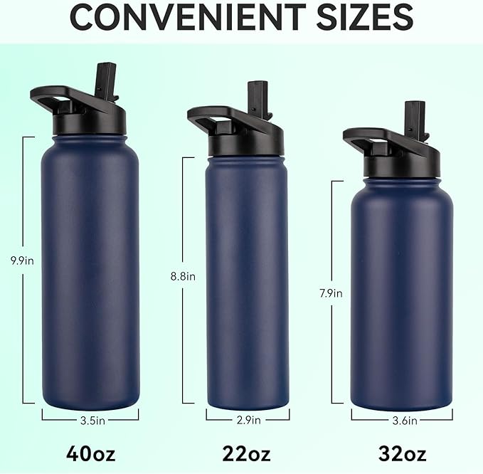 DOMICARE 40 oz Insulated Water Bottle Bulk, Vacuum Insulated Stainless Steel Sports Water Bottle with Straw Lid & Spout Lid, Leakproof, Reusable - Travel, Camping, Bike, Navy Blue (4 Pack)