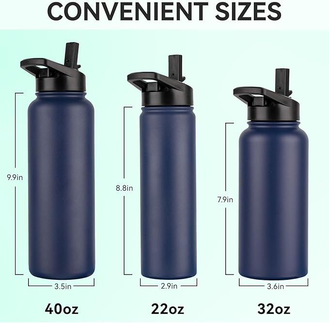 DOMICARE 40 oz Insulated Water Bottle, Vacuum Insulated Stainless Steel Sports Water Bottle with Straw Lid & Spout Lid, Leakproof, Reusable - Travel, Camping, Bike, Navy Blue