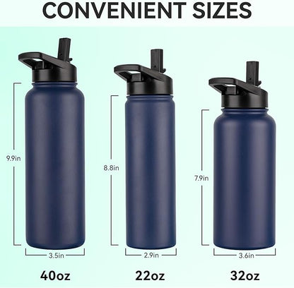 DOMICARE Insulated Water Bottle, 22 oz Vacuum Insulated Stainless Steel Reusable Sports Bottle with Straw Lid & Spout Lid for Travel, Camping, Bike, Leakproof, Navy Blue, 4 Pack