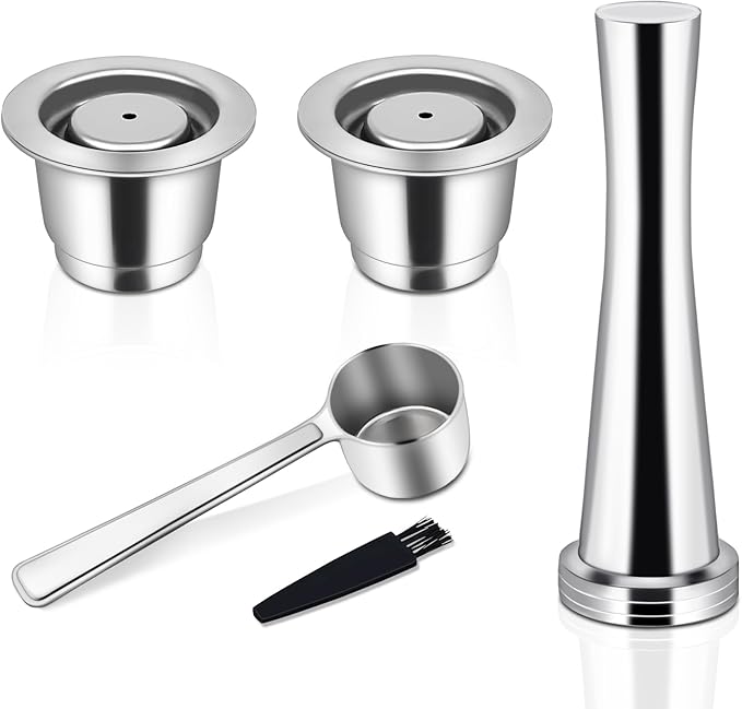 Reusable Coffee Capsules for Originales, Stainless Steel Refillable Coffee Pods, 2pcs Reutilisable Refillable Espresso Capsule(2 Cup+ Tamper+ Stainless Steel Spoon)
