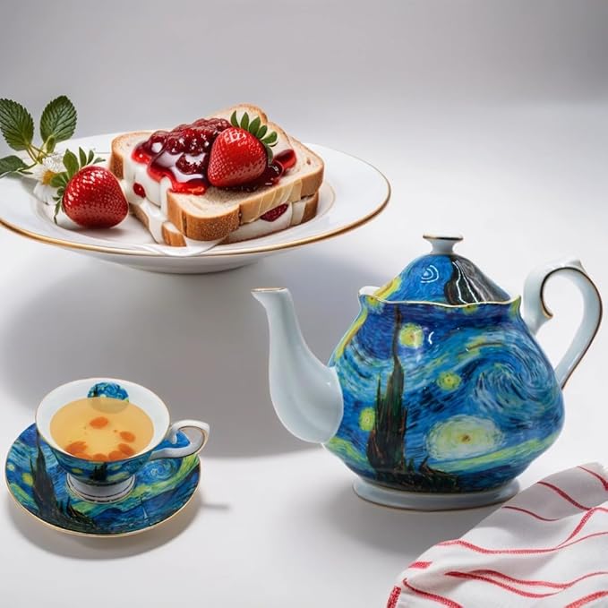 Teapot 30 oz Van Gogh Paintings Bone China Loose Tea Pot Floral Design Vintage Ceramic Coffee Water Pot European Style Porcelain (Starry Sky)