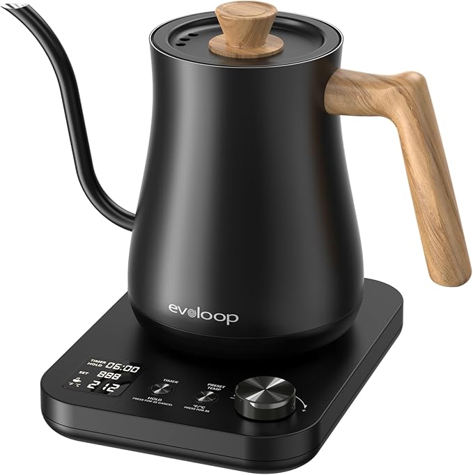Gooseneck Electric Kettle, Electric tea Kettles, ±1℉ Temperature Control for Pour-Over Coffee & Tea Brewing, Stainless Steel Inner, Quick Heating, Boil Hot Water, 1200W/0.8L (Black Wooden)