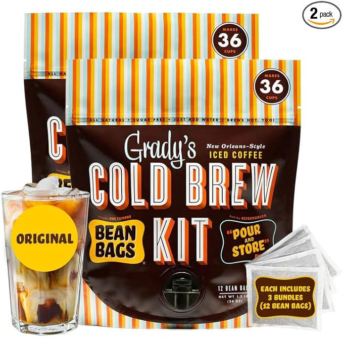 GRADY’S COLD BREW, New Orleans Style, 100% Arabica Ground Coffee & Chicory Pouches, 2 All-in-One Cold Brew Kits, each with 12 Easy-to-Brew Beans Bags, Makes 72 drinks