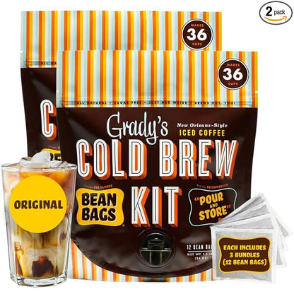 GRADY’S COLD BREW, New Orleans Style, 100% Arabica Ground Coffee & Chicory Pouches, 2 All-in-One Cold Brew Kits, each with 12 Easy-to-Brew Beans Bags, Makes 72 drinks