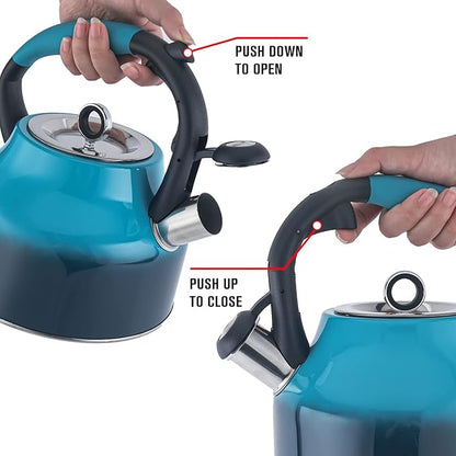Emeril Lagasse 2.6 Quart/2.5 Liter Whistling Tea Kettle, Stainless Steel Tea Pot for Induction Stove Top, Fast to Boil Water for Home Kitchen Condo, with Ergonomic Cool Grip Handle, Blue