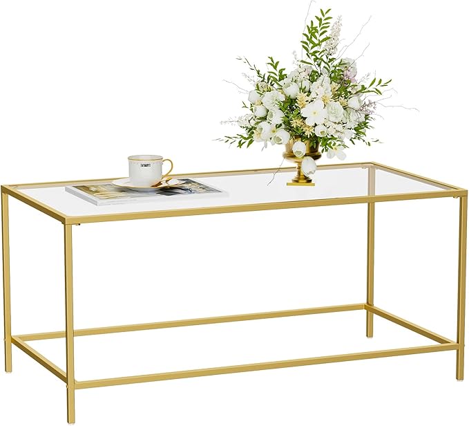 Glass Coffee Table, Modern Rectangular Coffee Table for Living Room, Minimalist Center Tea Table with Sturdy Metal Frame for Apartment, Office, Easy Assembly, 39.4 x 19.7 x 17.7 Inches, Golden