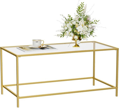 Glass Coffee Table, Modern Rectangular Coffee Table for Living Room, Minimalist Center Tea Table with Sturdy Metal Frame for Apartment, Office, Easy Assembly, 39.4 x 19.7 x 17.7 Inches, Golden