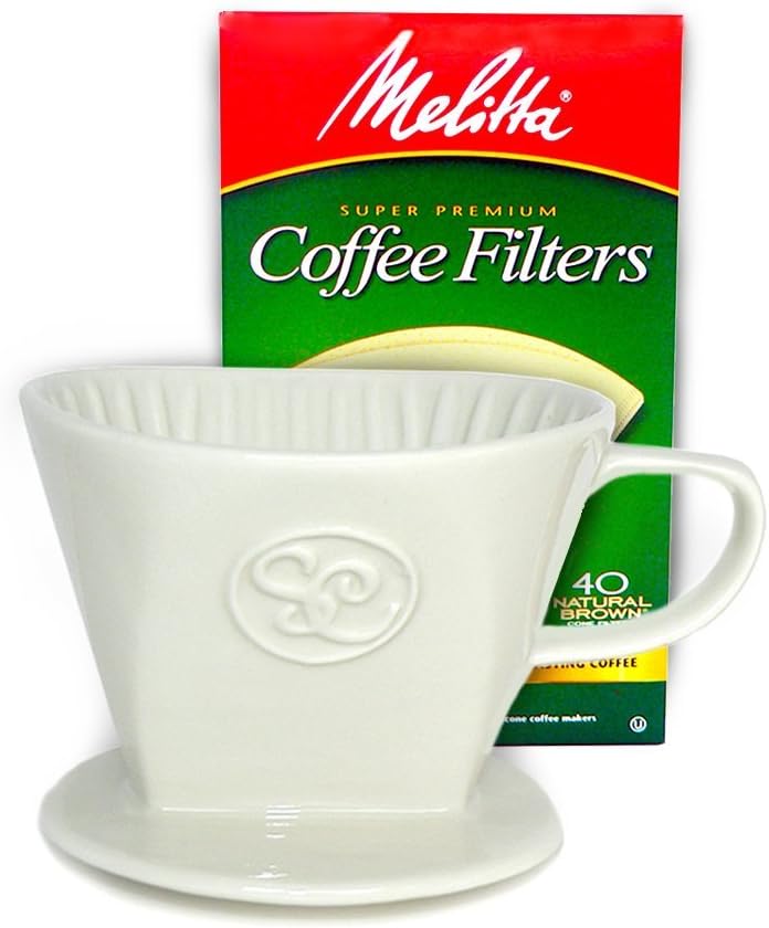Simply Charmed Ceramic Pour Over Coffee Maker with 40 Count Melitta Filters - Elegant Single Serve Coffee Dripper for Rich Brewed Pour Over Coffee - Base Measures 4", Height 3" - Brews 8-16 oz