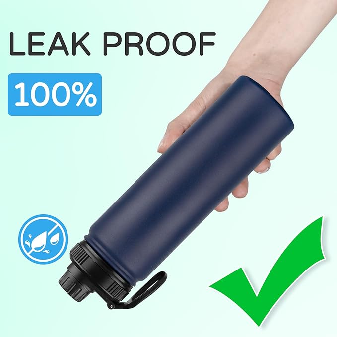 DOMICARE Insulated Water Bottle, 22 oz Vacuum Insulated Stainless Steel Reusable Sports Bottle with Straw Lid & Spout Lid for Travel, Camping, Bike, Leakproof, Navy Blue, 4 Pack