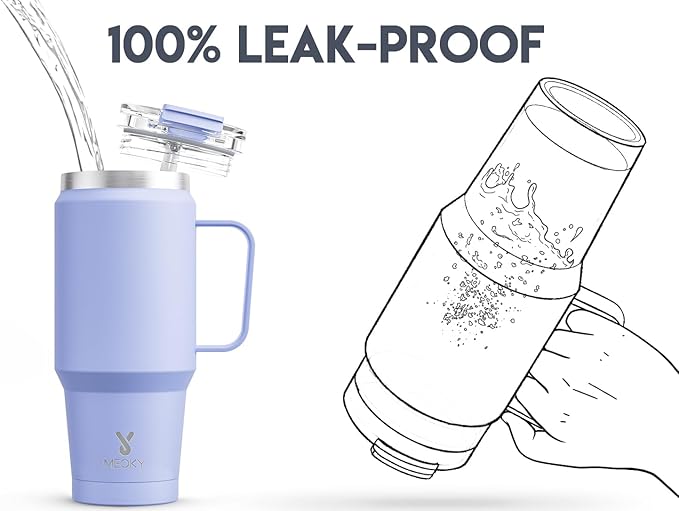 Meoky 32 oz Tumbler with Handle, Insulated Tumbler with Lid and Straw, Stainless Steel Travel Mug, 100% Leak Proof, Keeps Cold for 24 Hours or Hot for 8 Hours, Fits in Car Cup Holder (Lilac)