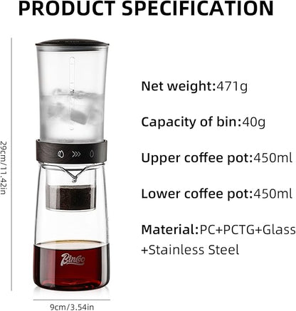 Cold Brew Coffee Maker 450ML, Ice Drip Coffee Brewer,Slow Dripper Coffee Maker with Fine Mesh Filter, Adjustable Water Flow (Dark Brown)