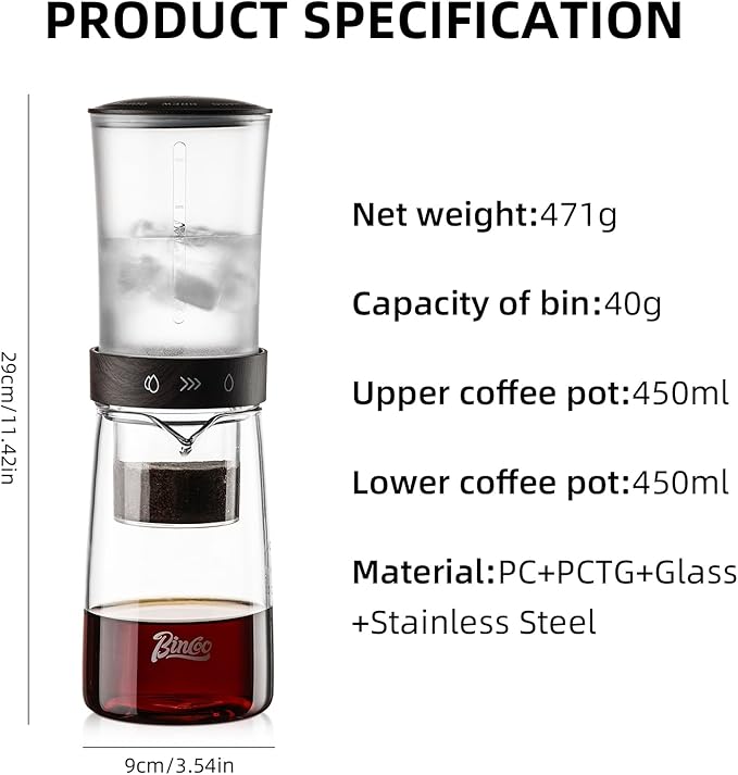 Cold Brew Coffee Maker 450ML, Ice Drip Coffee Brewer,Slow Dripper Coffee Maker with Fine Mesh Filter, Adjustable Water Flow (Dark Brown)