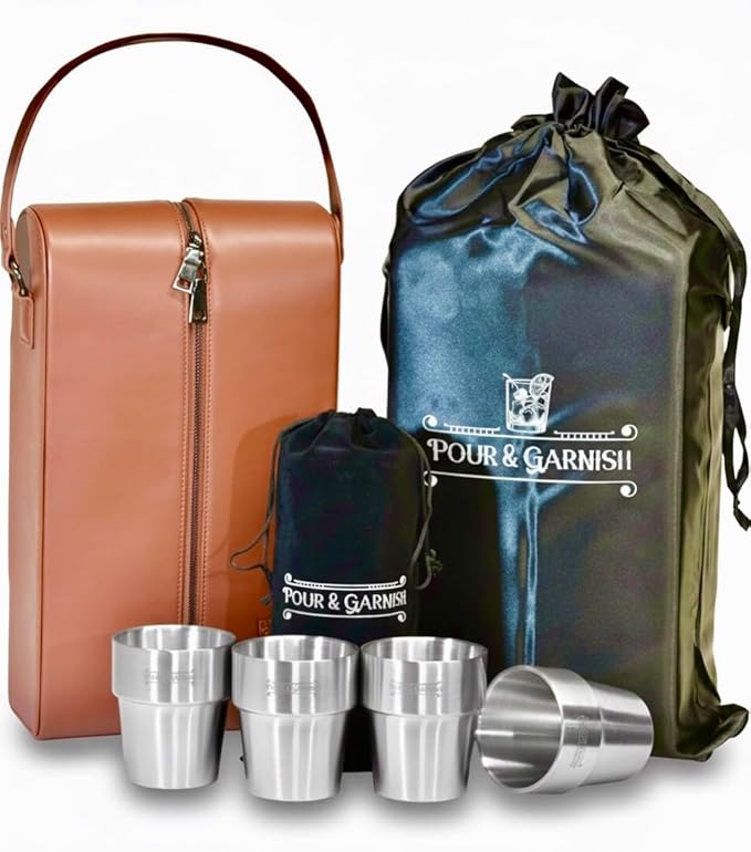 POUR & GARNISH Bourbon Whiskey & Wine Double Bottle Travel Bag with 4 Stainless Steel Double-Walled Vacuum Insulated Glasses - Makes a Great Gift!