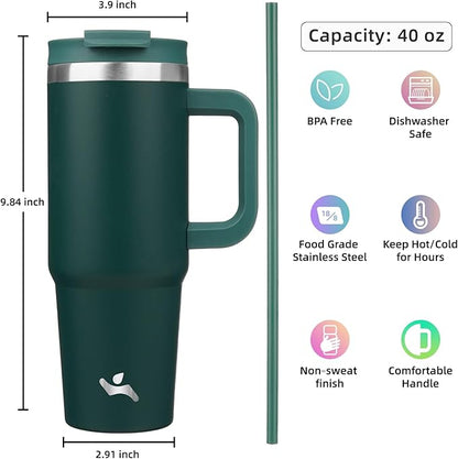 40 oz Tumbler with Handle and 2 Straws,2 in 1 Lid Insulated Water Bottle Stainless Steel Travel Coffee Mug,Dark Green
