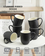 Load image into Gallery viewer, Hasense Coffee Mugs Set of 6, 16 Oz Large Ceramic Ribbed Latte Cups with Big Handle for Coffee, Tea and Cocoa, Modern Design &amp; Light Weight, Microwave &amp; Dishwasher Safe, Black