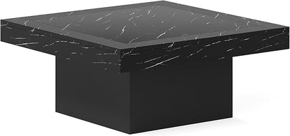 Tribesigns LED Coffee Table Square Engineered Wood Low Coffee Table for Living Room (Faux Marble Black+Black)